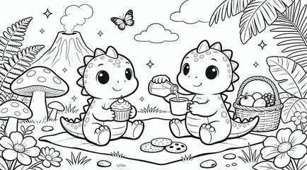 Fototapeta premium Cute Baby Dinosaurs Having a Picnic in Prehistoric Nature Coloring Page for Kids Activity Book
