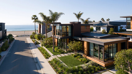 Fototapeta premium Aerial View of Modern Beachside Homes with Palm Trees and Oceanfront Residential Street