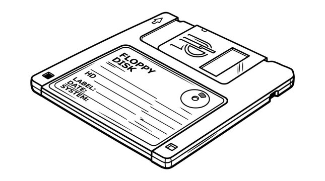 Line drawing of a floppy disk on a white background with a label and eject button.