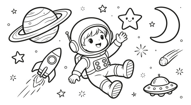 Cute Little Astronaut Character in Space with Rocket and Stars Coloring Page for Children