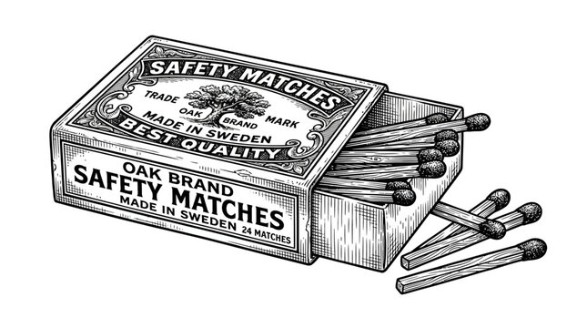 Illustration of an open matchbox with matches spilling out on a plain white background in a detailed line drawing style.