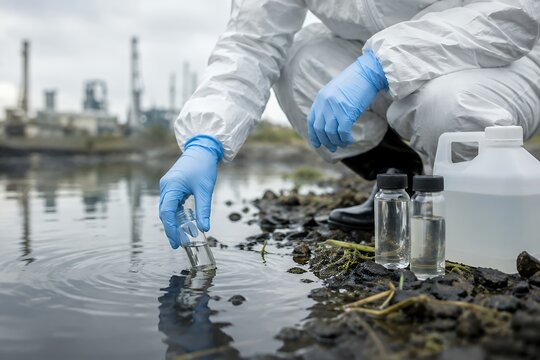 Water sampling by environmental scientist in protective suit at shoreline