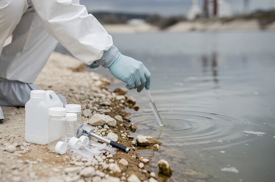 Water sampling by environmental scientist in protective suit with pipette at shoreline