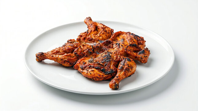 Grilled whole chicken on a white ceramic plate isolated on white background, roasted spicy tandoori or al faham barbecued chicken with char marks, food photography concept.