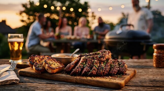 Mouthwatering grilled steak is served on wooden board, with glass of beer and gathering of people in background during beautiful sunset.