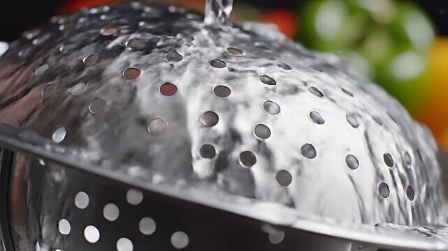 Water flowing through a metal colander with vegetables in the background.