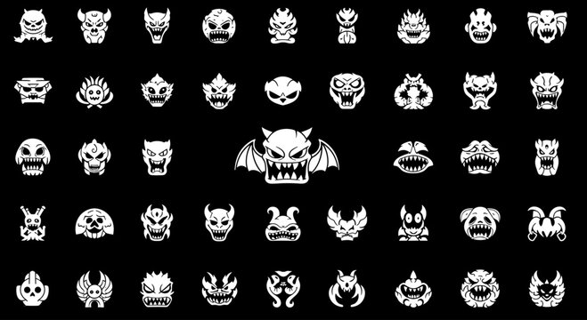 Collection of various monster and demon faces in a minimalist white on black style.