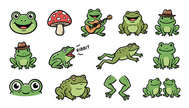 Cartoon frogs in various poses.