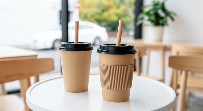Two disposable coffee cups with lids and straws sit on white table in cafe setting.