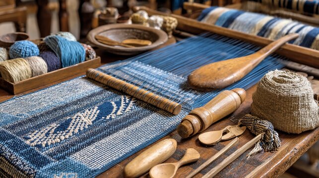 Textile weaving setup loom, threads, tools displayed on wooden table