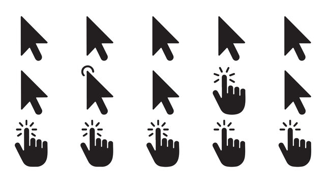 Selection of computer mouse cursor pointer icons and hand clicking symbols for web design.