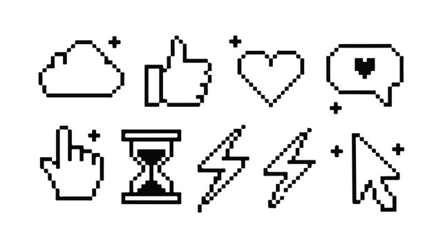 Pixelated icon set including hearts speech bubbles and mouse pointers with added plus signs.