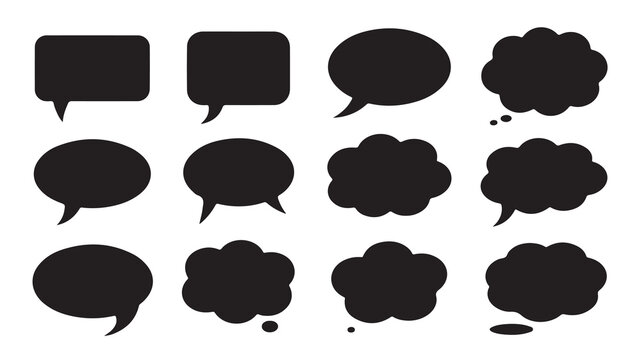 Set of various black comic speech bubbles and dialog clouds for chat and social media design.