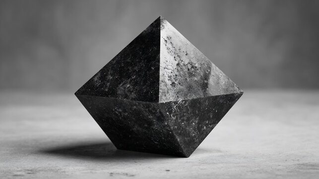Textured dark octahedron with marbleized look, sitting on rough concrete