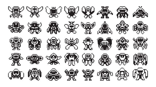 Pixel art alien robot characters set. retro 8-bit monsters. video game enemy sprites collection.
