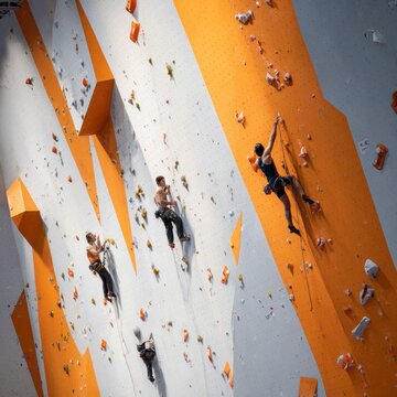 Indoor Rock Climbing Wall with Multiple Climbers in Action on Bright Orange and White Panels