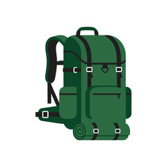 Naklejka premium Green camping backpack with rolled mat and straps