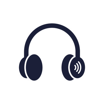 Minimalist dark blue headphone icon with sound waves
