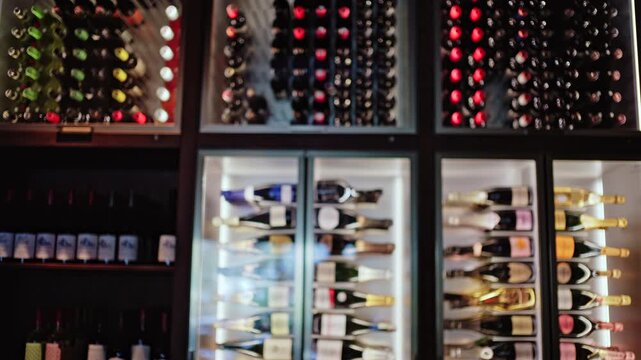 View of a wine storage wall with different sections filled with bottles