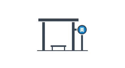 A bus stop shelter with a bench and a sign post stands alone © uzumaki