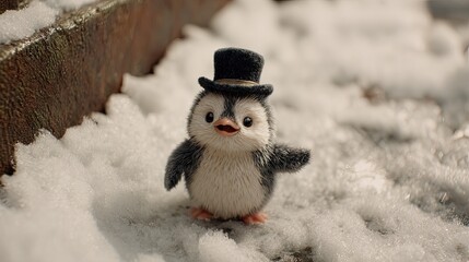 Obraz premium Charming penguin in miniature top hat standing in a snowy environment