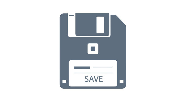 A gray floppy disk icon with a save label is shown closeup.