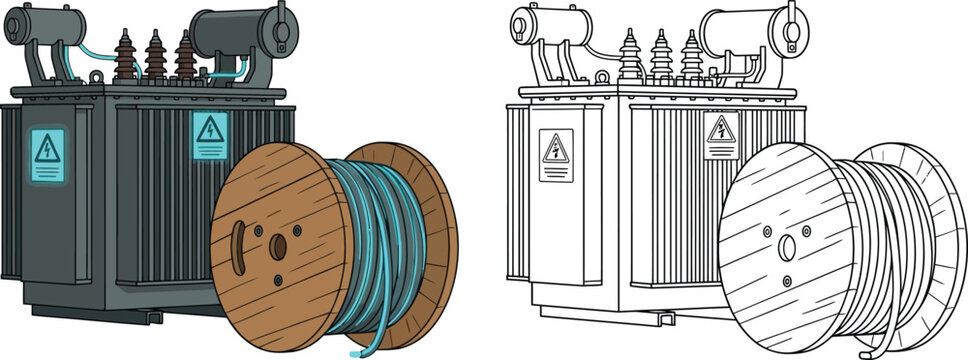 Electrical transformer and wooden cable spool with wire industrial power equipment illustration for energy and utility concepts