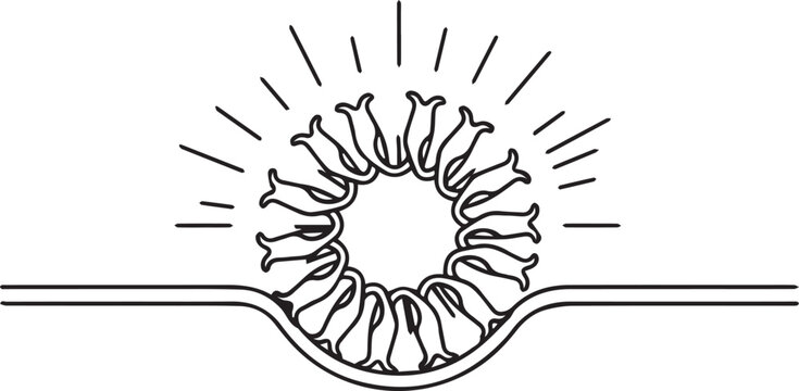 Minimalist virus structure diagram, black and white medical vector illustration of a viral cell, scientific microbiology icon for education