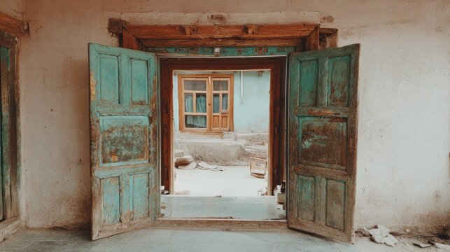 Open weathered turquoise doors frame a view of a rural interior space