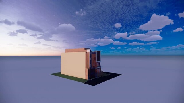 A 3D rendering of a building appears to float on calm water under a blue sky with clouds.