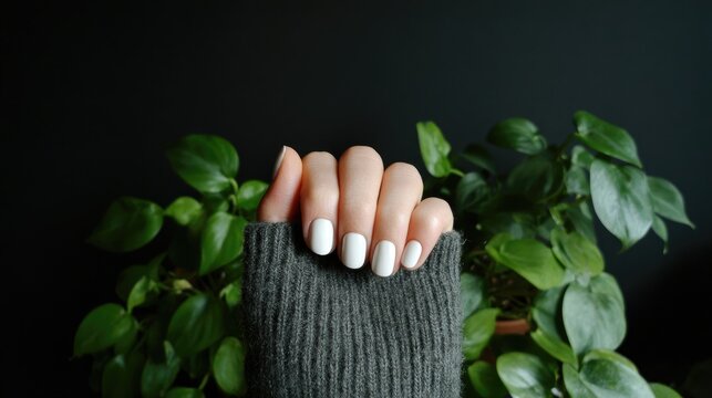 Womans hand with white painted nails emerging from a gray knitted sleeve