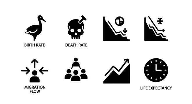 Demographics Icons: Birth, Death, Migration, Population, Life Expectancy, Growth