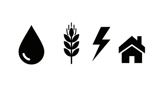 Icons: Water Drop, Wheat, Lightning Bolt, House - Essential Resources Concept