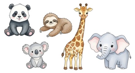 Fototapeta premium Cute Watercolor Baby Animals Collection Panda Elephant Giraffe Koala Sloth.