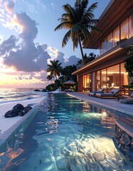 Obraz premium Luxury beachfront villa with infinity pool at sunset, tropical paradise escape.