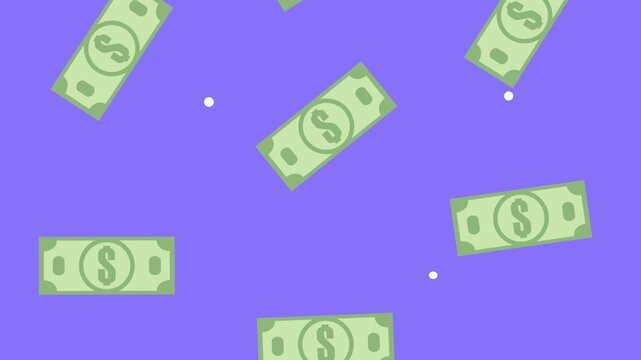 Cartoon dollar banknotes falling against purple background in continuous loop motion graphics.