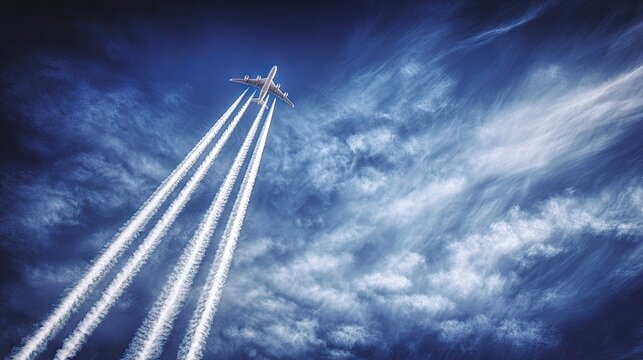 Airplane soaring through a cloudy sky leaving vapor trails overhead