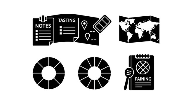 Travel planning icons: map, notes, tasting, pairing, and charts
