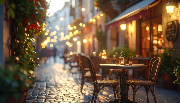 Charming European Street Cafe with Warm Evening Lights.