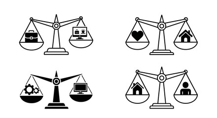Fototapeta premium Work Life Balance Concept: Scales Balancing Icons of Career, Family, Health, and Leisure