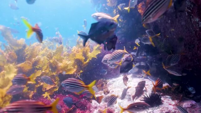 Vibrant Marine Life on Rocky Reef, Stunning Schooling Fish and Sea Urchins Underwater