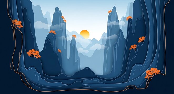 Dramatic tall vertical mountain cliffs in layered paper art style, deep blue gradient mountains, golden sun low on the horizon