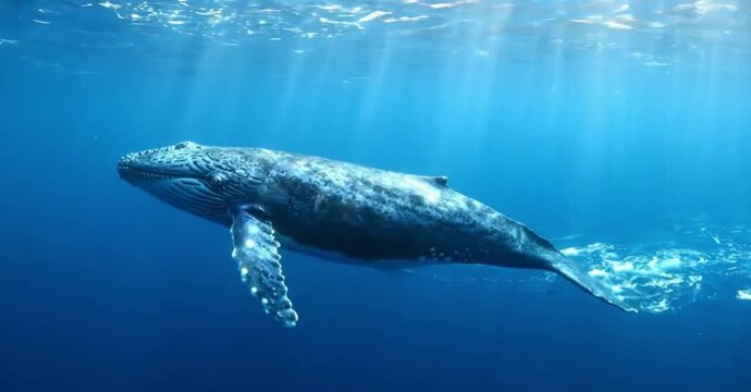 Majestic humpback whale glides through sunlit ocean waters near the surface
