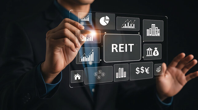 Businessman drawing REIT Real Estate Investment Trust interface with digital pen