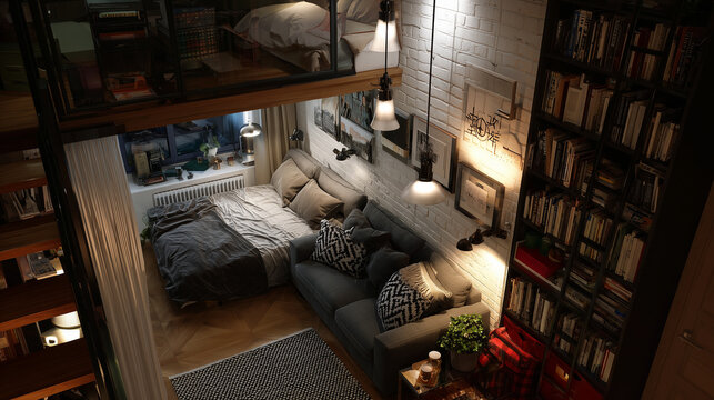 Tiny flat with loft bed and cozy reading corner ,small apartment, cozy small apartment, evening small apartment, photo style