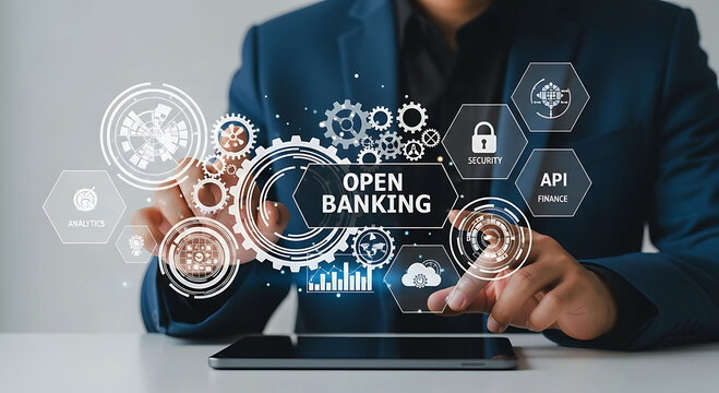 Businessman touching open banking gear interface with api finance and security
