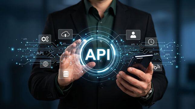 Businessman using smartphone to manage API application programming interface network