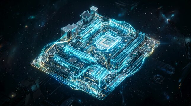 Futuristic glowing motherboard with neon blue circuits on dark space background