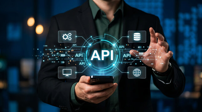 Businessman using smartphone to access API application programming interface icons