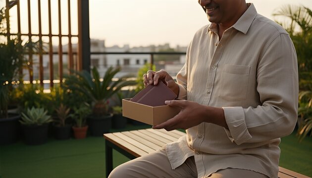 A middle aged man sitting on a sunlit terrace garden carefully unboxing a new package with a sense of excitement and anticipation